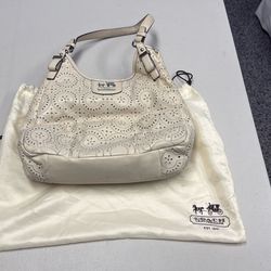 COACH "Lace Leather Maggie" Laser Cut Shoulder Bag Purse Parchment
