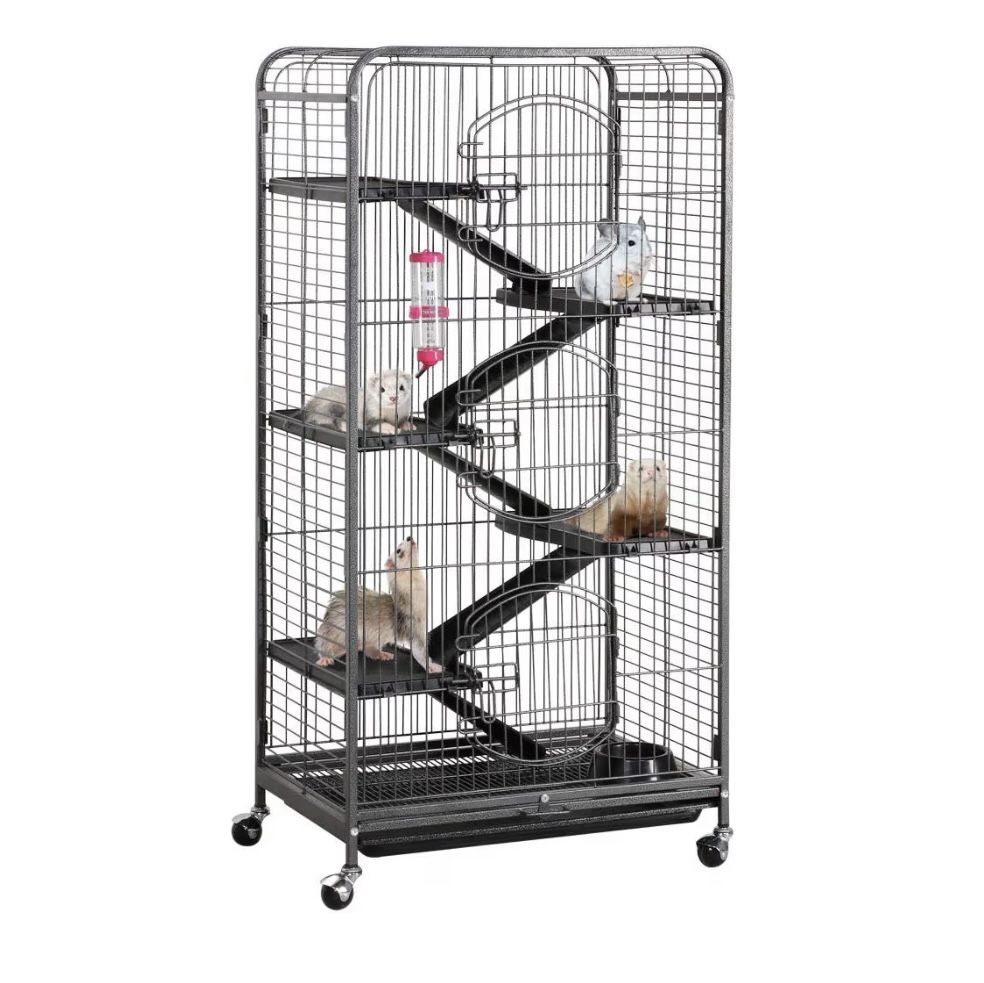 52-inch Ferret Cage 6 Level Metal Rat Cage with 3 Front Doors/Feeder/Wheels Small Animal Cage for Ferret/Chinchilla/Bunny/Rabbit/Squirrel, Black