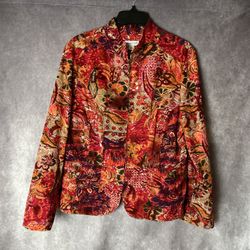 Coldwater Creek Floral Paisley Cotton Mandarin Collar Denim Jacket – Size Large 