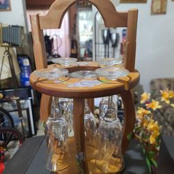 WOODEN WINE GOLD RIMMED STEMWARE AND RACK