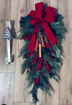 Christmas Bell Teardop Wreath. Indoor/Outdoor. With Sleigh Bells/Pine/Berries/ & Red Bow. Includes Wreath Hanger. 31” Long x 16” Wide