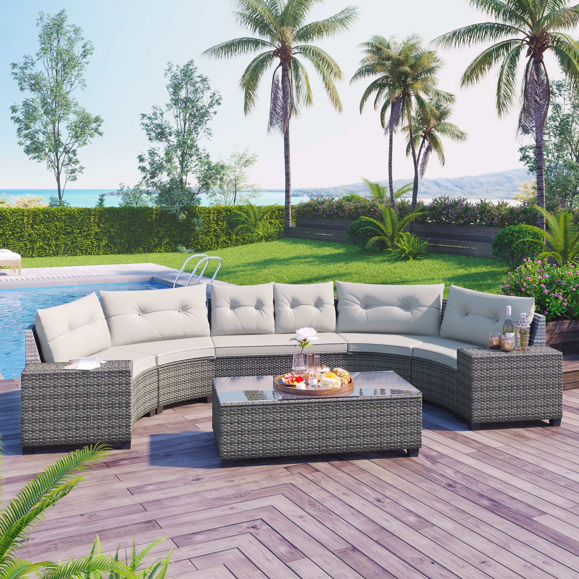 GO 8-pieces Outdoor Wicker Round Sofa Set, Half-Moon Sectional Sets All Weather, Curved Sofa Set With Rectangular Coffee Table, PE Rattan Water-resist