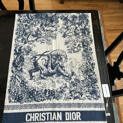 Dior Toile De Jouy Navy Blue Grey Reverse Cashmere Silk Scarf Shawl