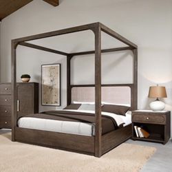 84”H Canopy Bed - Dark Walnut Wood & Beige Upholstered Headboard