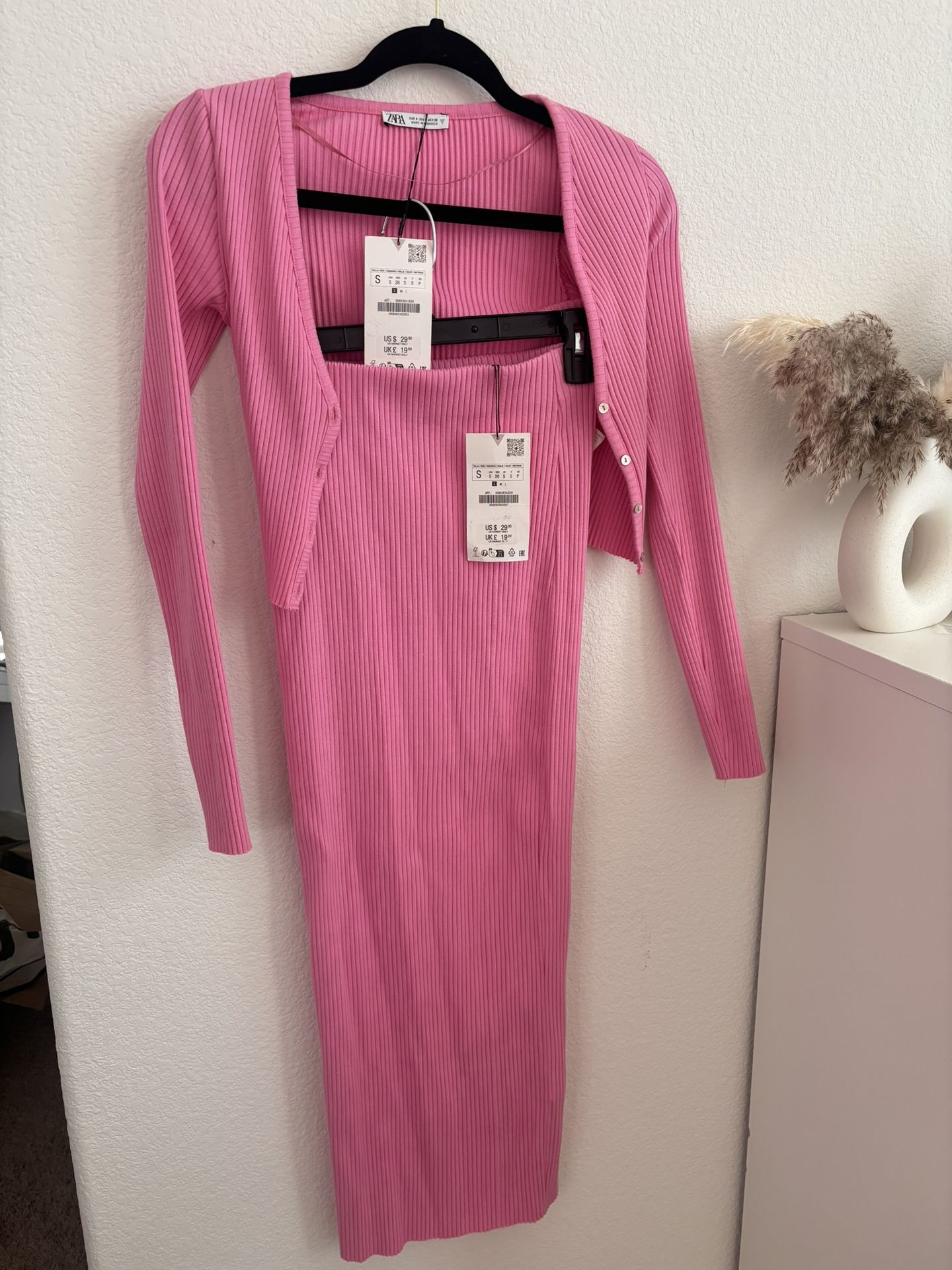Zara Matching Set – Ribbed Cardigan & Maxi Skirt (Pink)