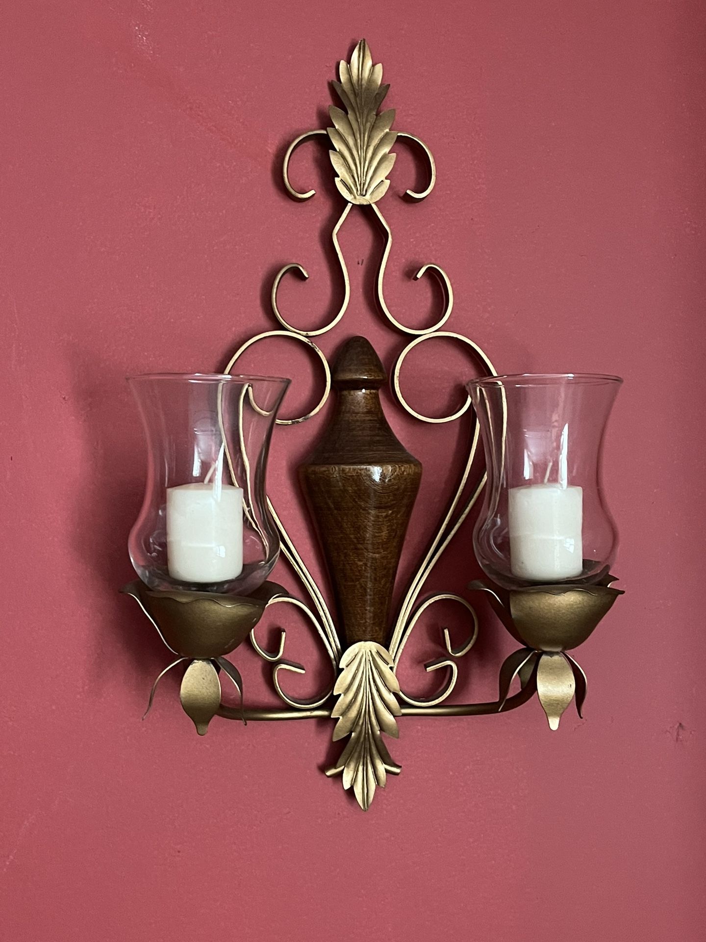 Vintage 16" Wall Sconce Double Candleholder with Gold Metal Scrolls, Leaves and Wooden Design