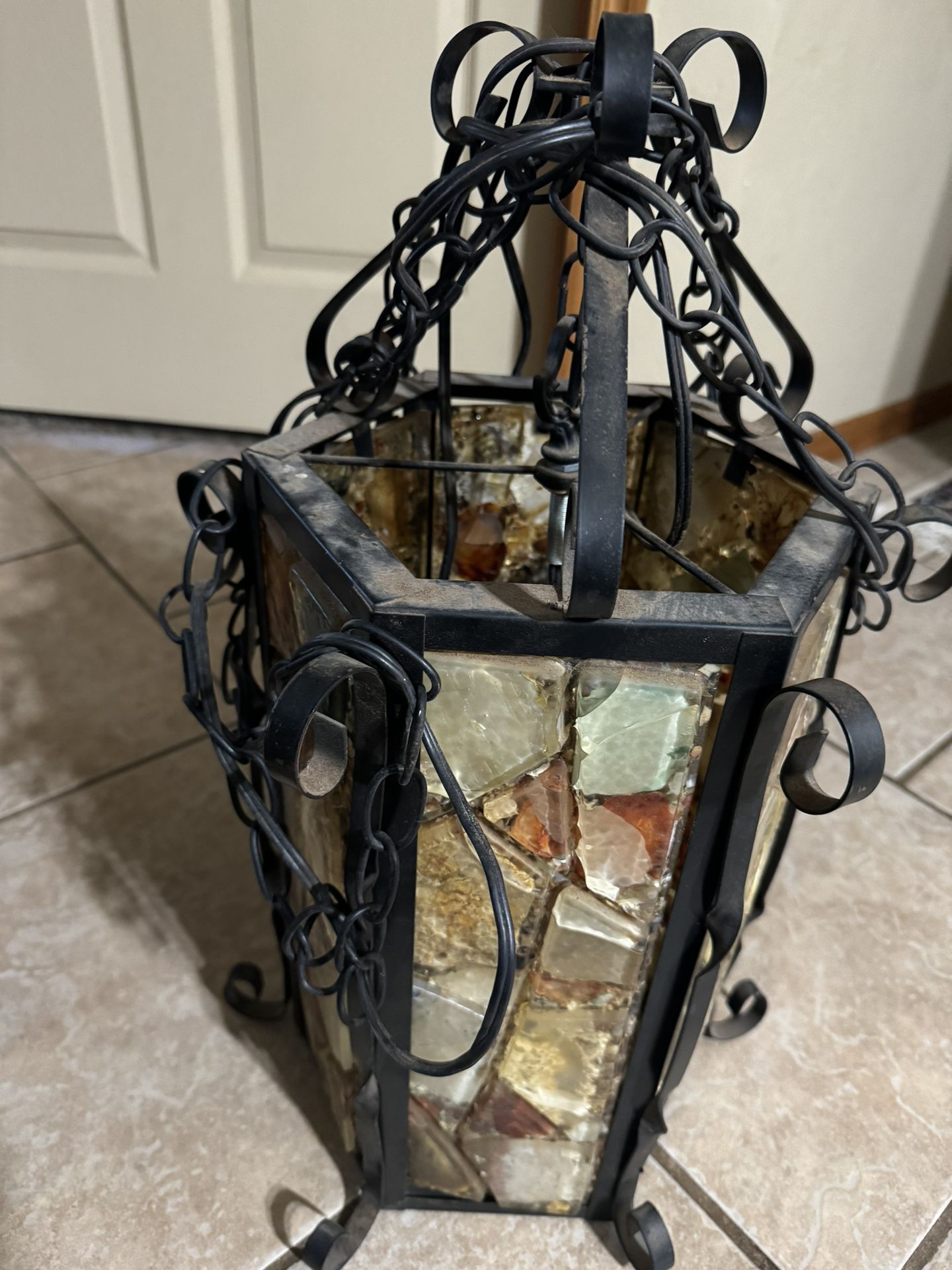  Vintage Wrought Iron Stained Glass Swinging Lantern 