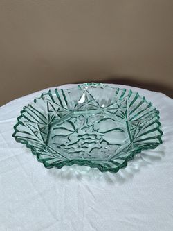 Vintage Federal Pressed Glass Depression Green Pioneer Bowl 11" Crimped Scalloped Edge Fruit Pattern