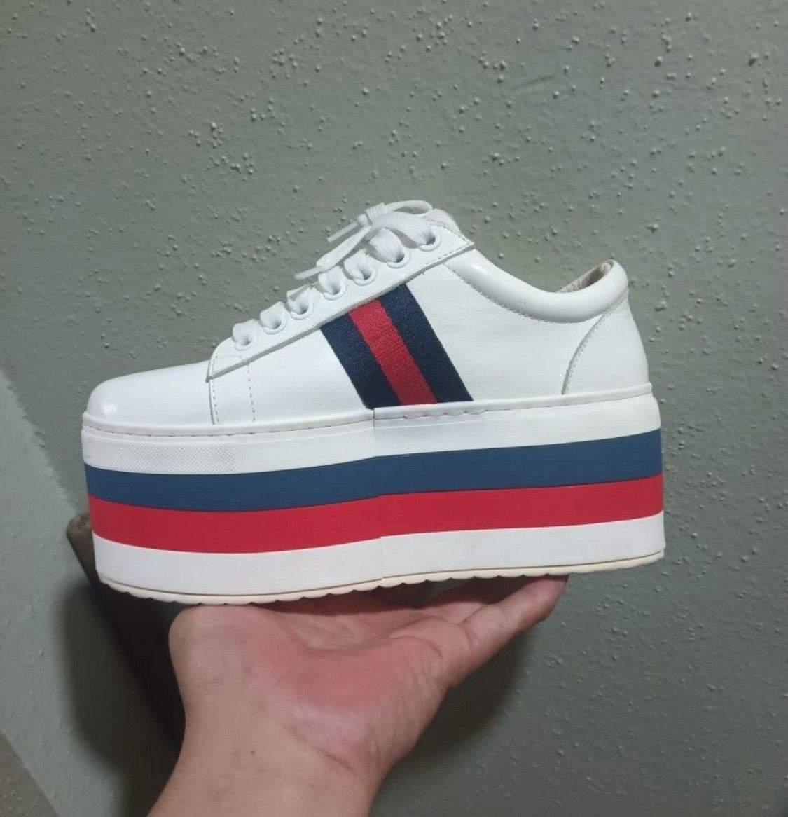 Gucci Womens Peggy Leather Web Trainers Platform Lace Up, size 6