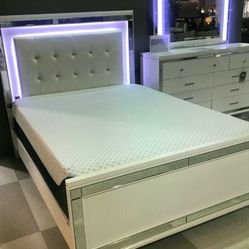 Valentino White 4 Piece Queen Panel Led Bed, Dresser, Mirror and Nightstand Set