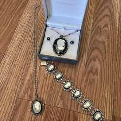 2 Vintage silver tone black glass cameo necklaces,  Earrings And Bracelet 