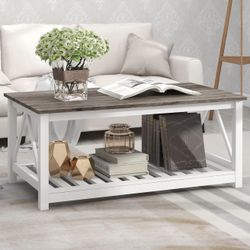 Wooden Farmhouse Coffee Table Rectangular Oak Grey