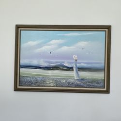 D. GORDON Vintage Lady at the  Beach Oil On Canvas Painting Impressionist 28x40”