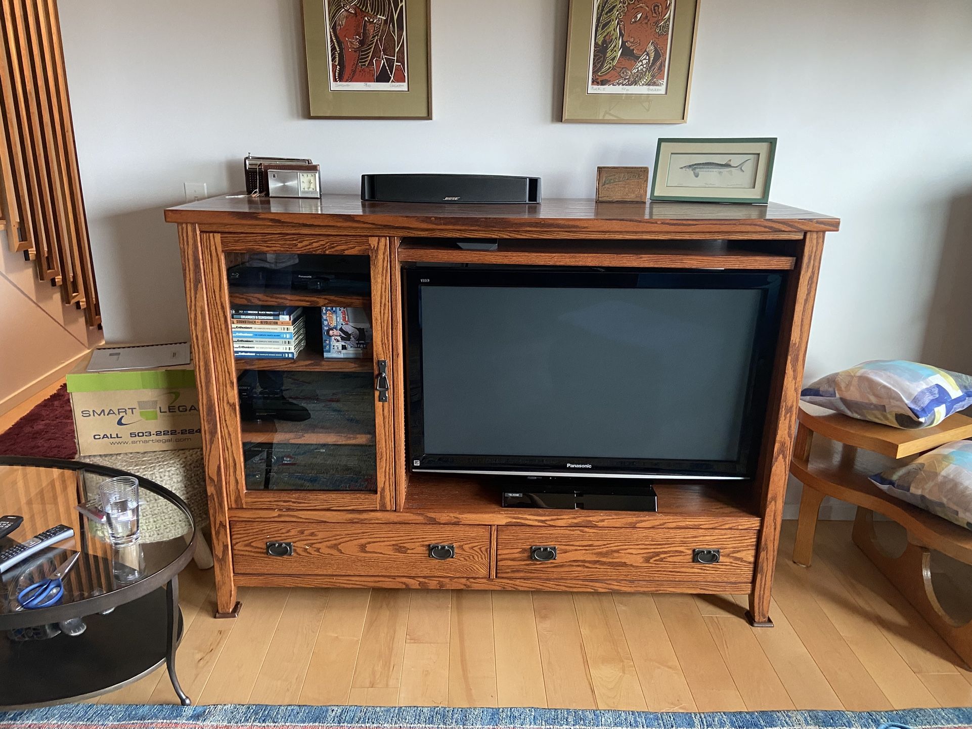 Solid oak, hand made, craftsman-style TV entertainment center, locally made.