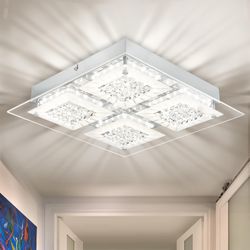 Knwjmv Crystal Ceiling Light LED Square Hallway Light Fixture Dimmable Flush Mount Ceiling Lights 14 Inch 4000K Bathroom Ceiling Lighting Foyer Chrome