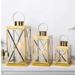 New Gold Stainless Steel Lantern Set of 3-Square Elegance 8/12/16 Inch Opulent Metal Candle Lanterns Candle Holder with Tempered Glass for Home Garden