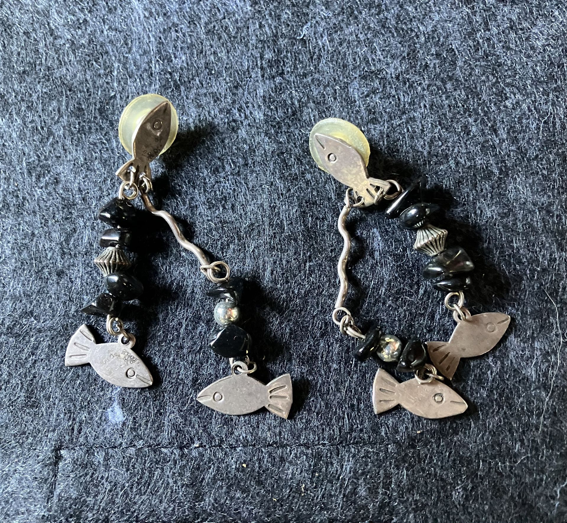 Unique Vintage Fish Dangle Earrings – Silver & Onyx