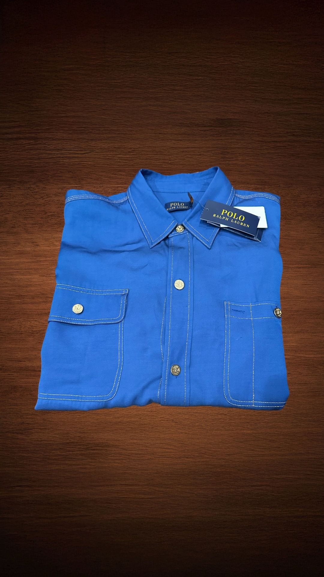 POLO RALPH LAUREN WOMENS SHIRT/TUNIC BUTTON DOWN W/GOLD STITCHING AND BUTTONS. SIZE XL