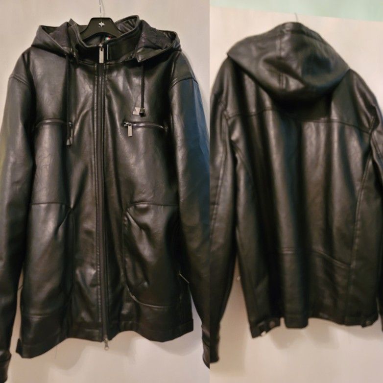 Emporio & Co Black Hooded Leather Cuero Jacket Coat Made In Italy XL
