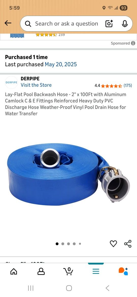 2" x 100' Backwash Pool Drain Hose C + E Fittings