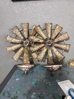 Rustic Metal Windmill Wall Decor with Candle Holders