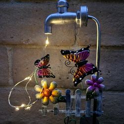 Metal Butterfly With Faucet Flashing Solar Stake Yard Art Home Decor, 36" H