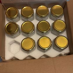 11 Glass Jars, New, Gold Lids, 