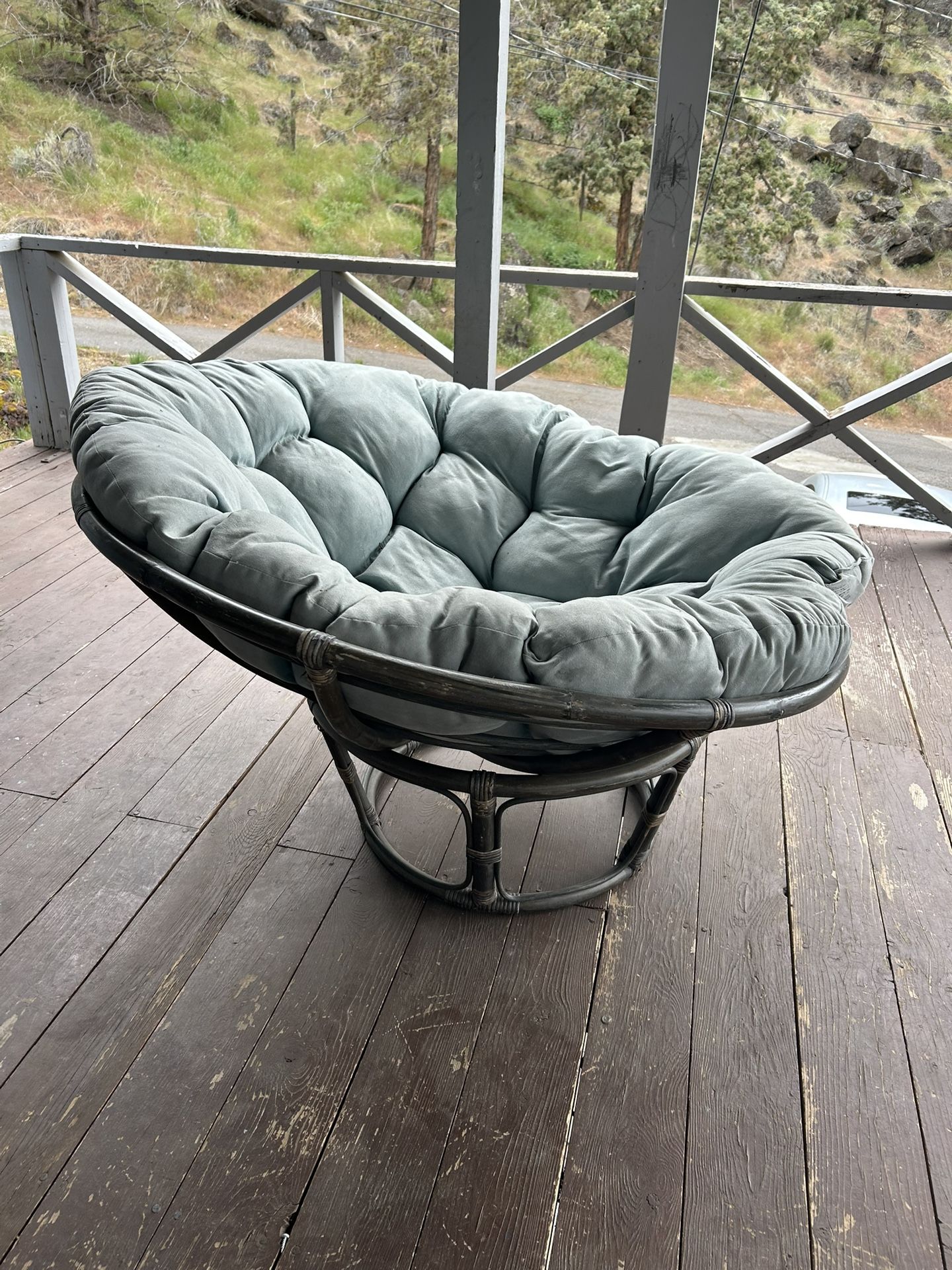 Papasan Chair Suede Blue And Brown Teakwood Base
