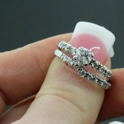 Women's 14k White Gold & Diamond Engagement Ring & Wedding Band Set 5.3g #31131
