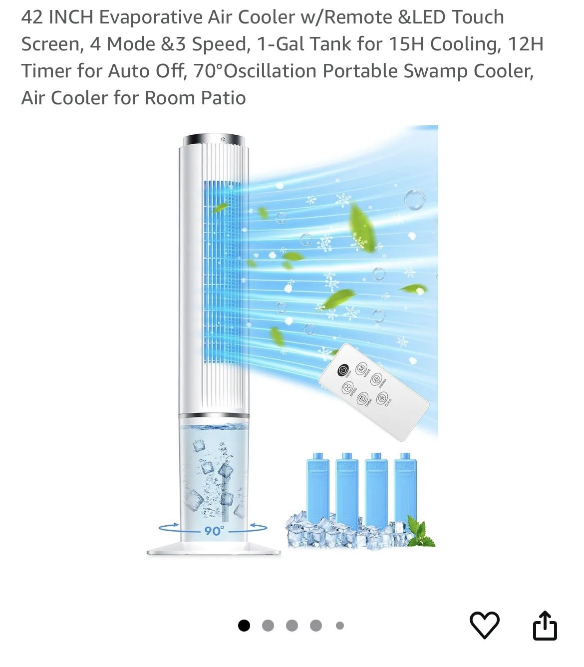 42 INCH Evaporative Air Cooler w/Remote &LED Touch Screen, 4 Mode &3 Speed, 1-Gal Tank for 15H Cooling, 12H Timer for Auto Off, 70°Oscillation Portabl