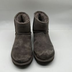 UGG Women's Classic Mini Rubber Logo Fashion Boot, Grey, suede sheepskin size 8 