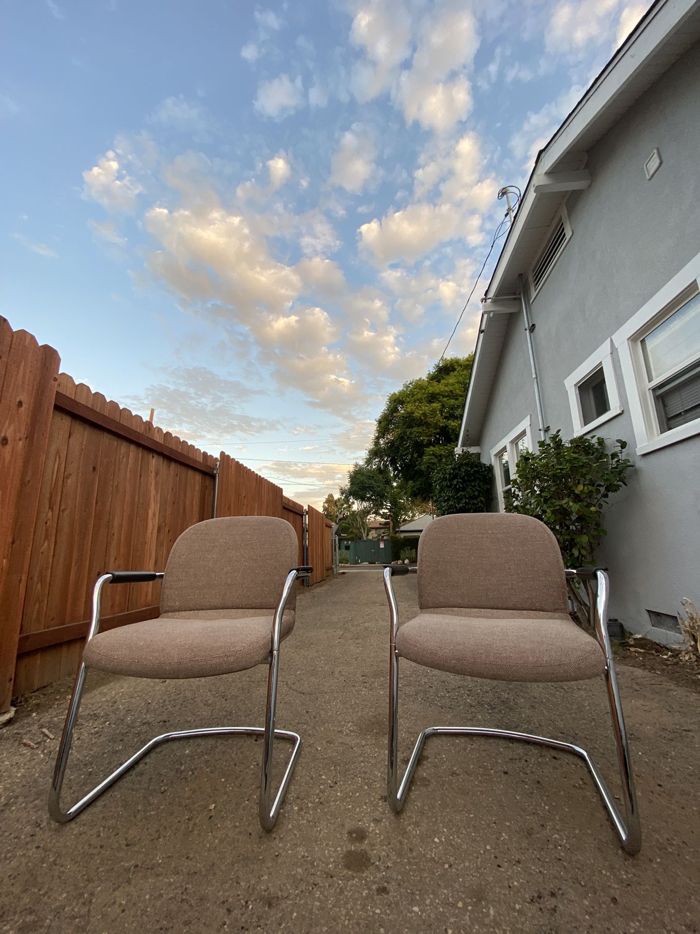 Vecta Contract . Rare Metal Framed Chairs, Set Of Two, Leather Arms, Brown Tweed Upholstery