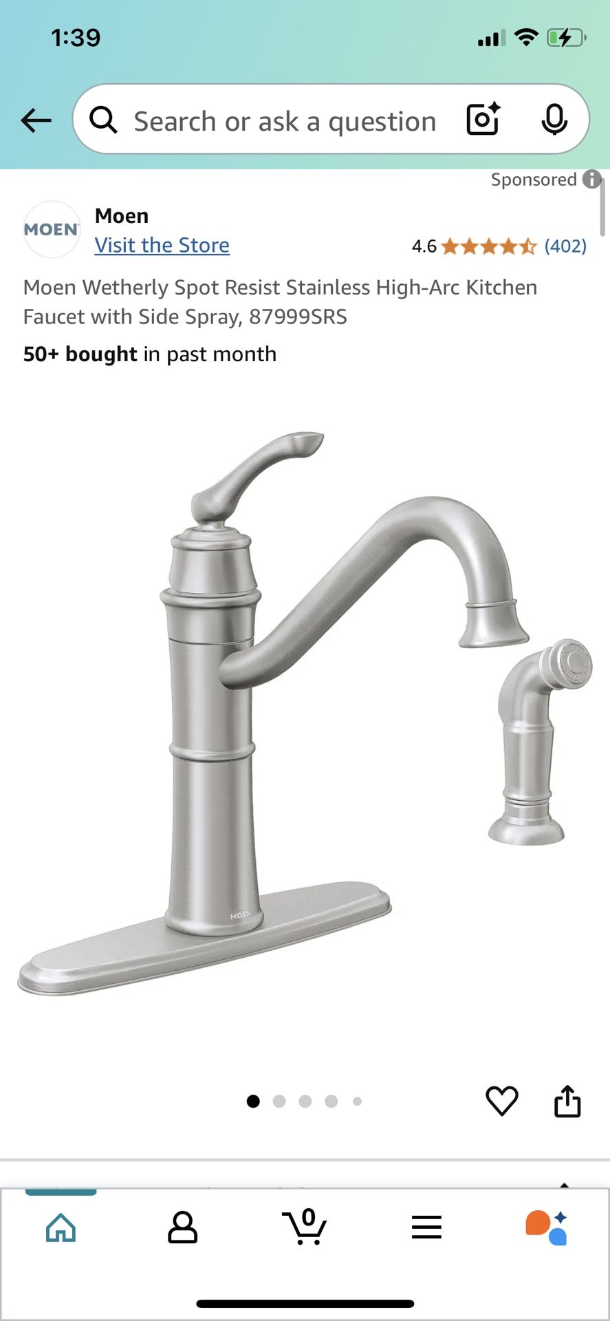 Moen Wetherly Spot Resist Stainless High-Arc Kitchen Faucet with Side Spray, 87999SRS