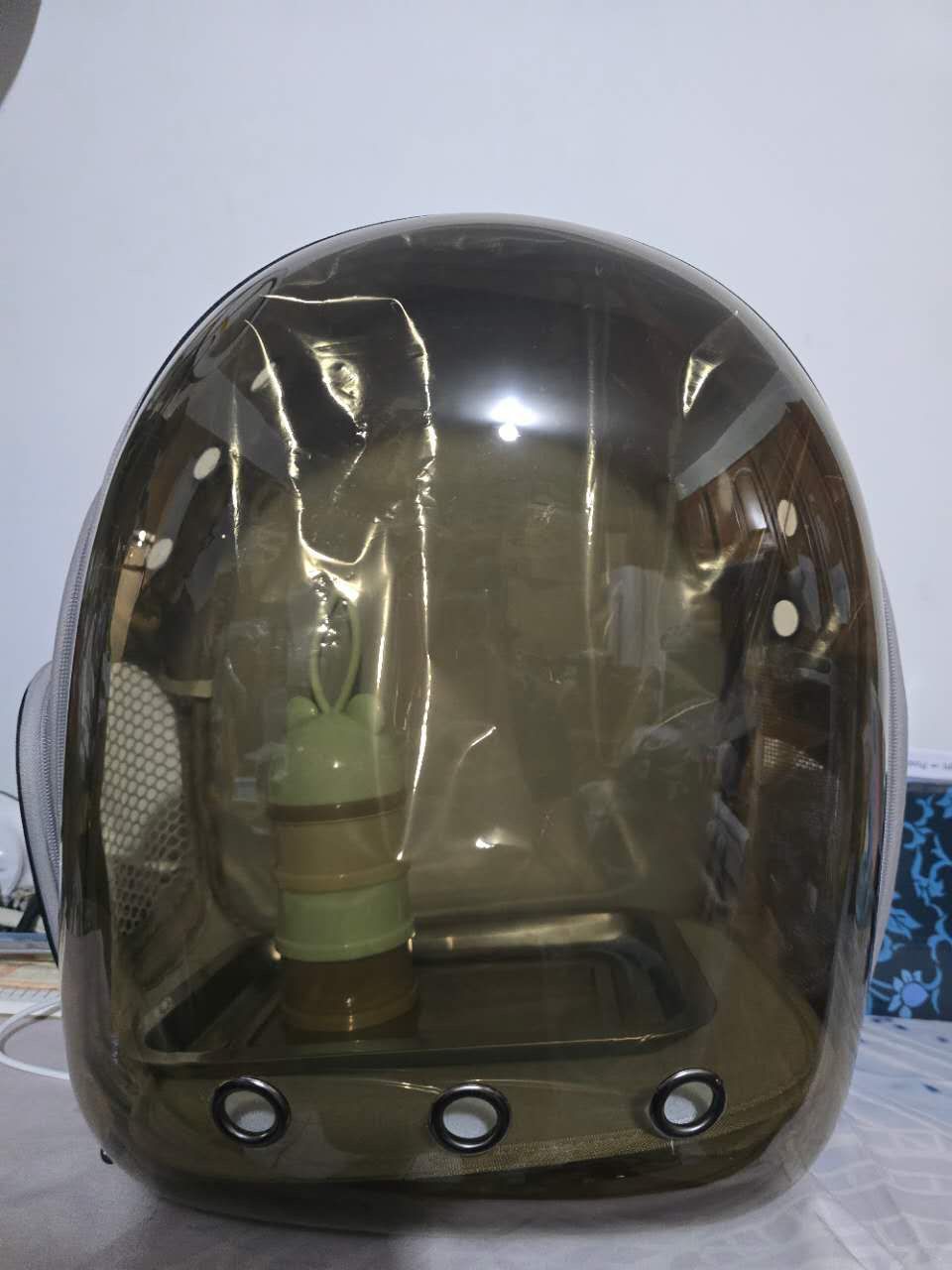 Bird Traval Carrier Cage, Polarized Tinted Brown Space Capsule Astronaut Backpack to Carry Parakeet Cockatiel Parrot with Metal Tray Wood Perch, Vet T