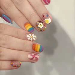 🌈 Colorful Cartoon - Style Nail Art | Rainbow, Daisy & Fried Egg Designs