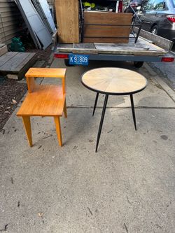 2 - End Tables, Wooden Mid Century Modern 25hi,24by 15, Round Metal legs, 24 In round, 26 hi, $15 ea