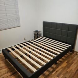 Upholstered Bed Frame ( Queen), Wood Slat Support, Easy Assemble, Grey