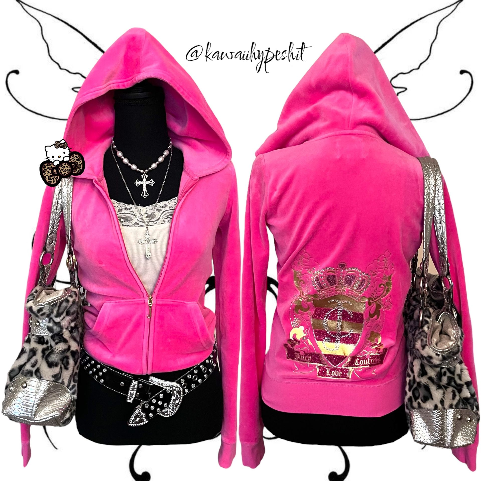 Vintage Y2K Juicy Couture Velour Tracksuit Zip-Up Jacket Hoodie in Pink w/ Gold & Hot Pink Details + Bedazzled Rhinestones - Size S