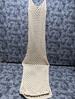 Crochet Maxi Dress Beige Open Knit Sheer Long Cover Up Size XS Stradivarius   The product is a beige crochet maxi dress by Stradivarius, designed as a