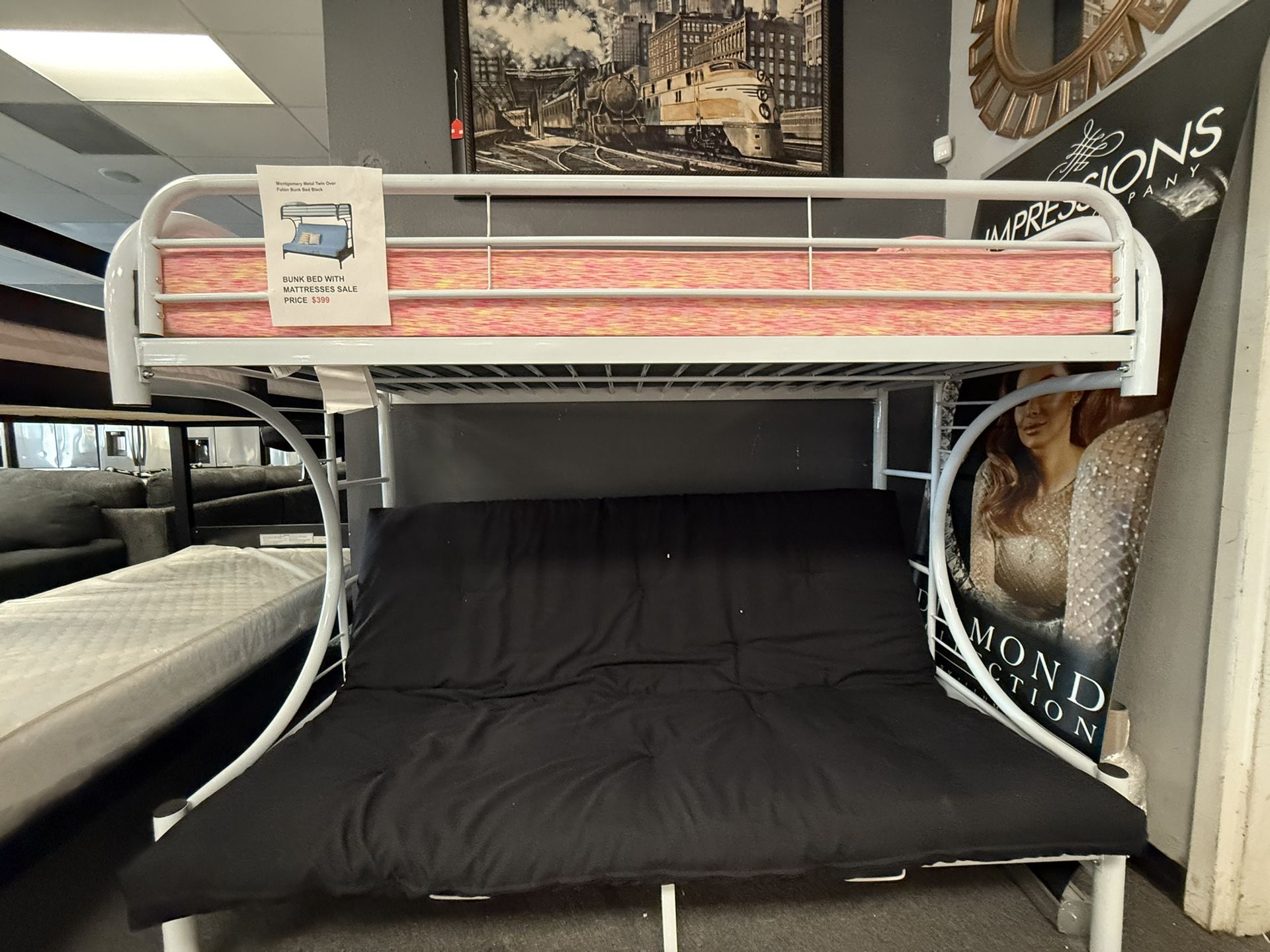 Metal Twin Over Futon Bunk Bed White On Sale Comes With Mattresses