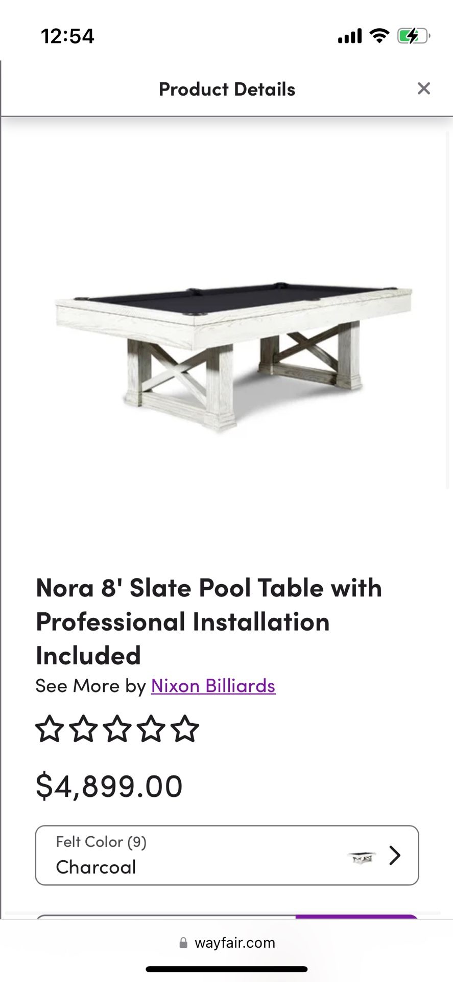Nora 8' Slate Pool Table in White Wash