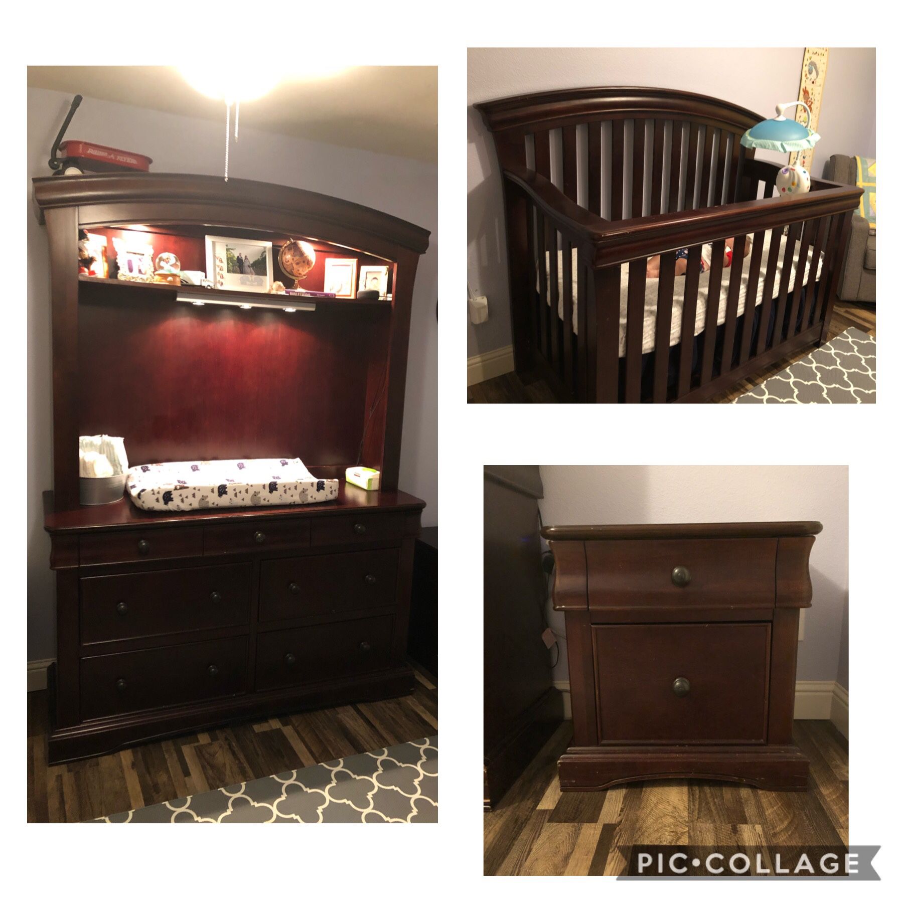 nursery furniture: crib/toddler bed, changing table, dresser, hutch, nightstand
