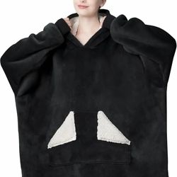 Touchat Wearable Blanket Hoodie, Oversized Sherpa Blanket Sweatshirt with Hood Pocket and Sleeves, Gifts Hooded Blanket for Adult Women Men (Black) ne