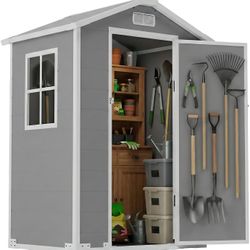 4x3 FT Outdoor Storage Shed, Resin Shed with Sloped Roof and Rain Holes, Storage Shed with Lockable Door and Transport Ramp, with Window＆Vent,Suitable