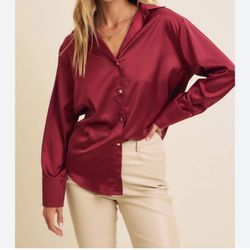 Zara Burgundy Satin Button Down Shirt