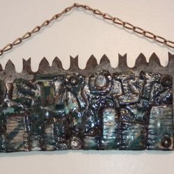 HAND CRAFTED CERAMIC TILE  AND METAL "DETROIT" WALL HANGING