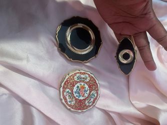 Vintage Stratton Chintz Floral Red Enamel Birds of Paradise Powder Compacts