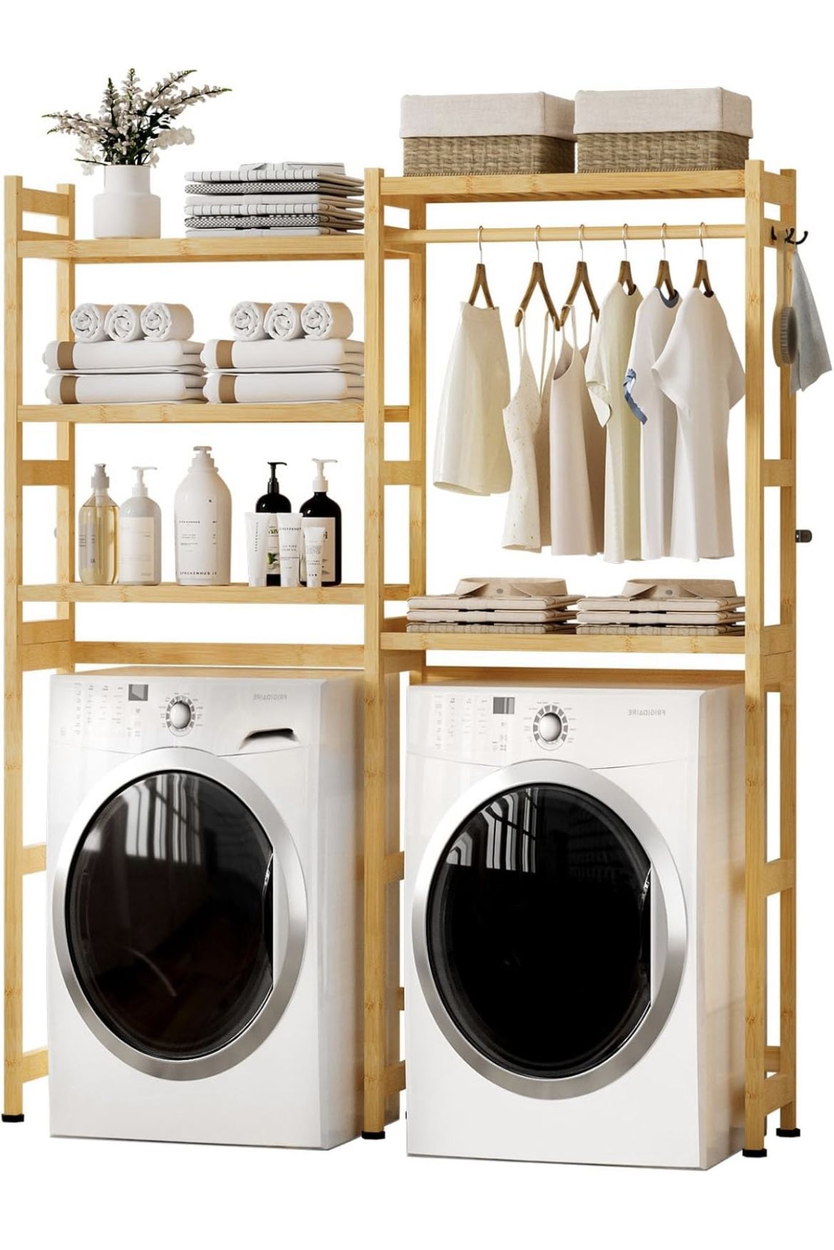 Over The Washer and Dryer Storage Shelf Bamboo,5 Tiers Laundry Room Drying Rack with Adjustable Shelves and 4 Hooks,Space Saver Organizer for Hanging 