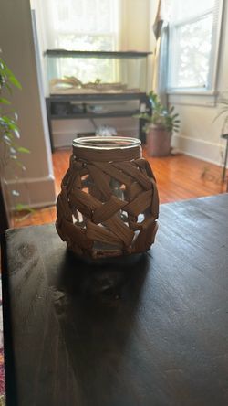 Woven Rattan Glass Candle Holder Vase