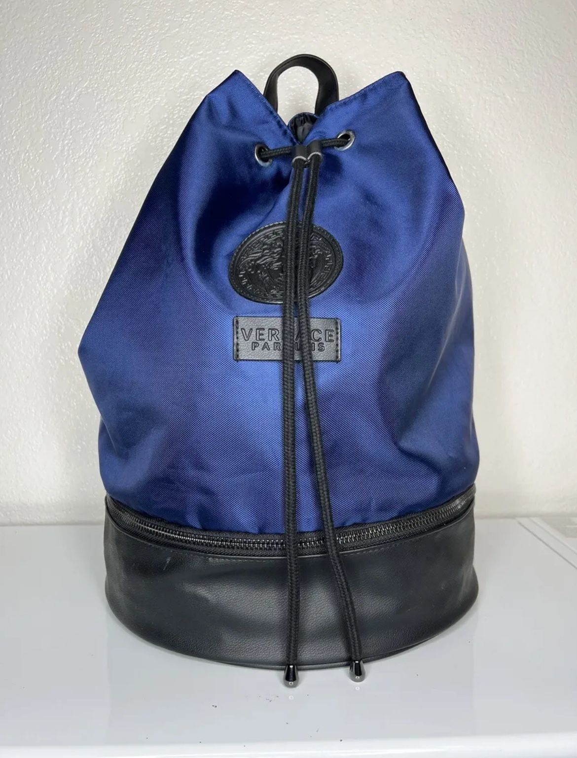 Versace Parfums Draw-string Large Navy Blue With Black Backpack Medusa Logo